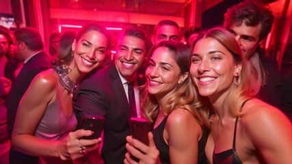 A group of friends pose for a selfie during a glamorous evening event, Stylishly dressed attendees posing for selfies and group photos