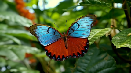 Naklejka premium Tropical butterfly. Blue orange nice insect in the nature habitat, beauty on the green leave in the forest. Nature wildlife.