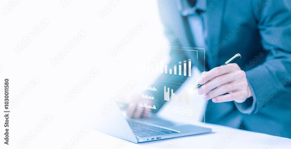 Aufkleber analyst manages the system database, research on platform digital technology, and reports. concept of analysis data plans shows a dashboard chart on the computer, analytics business