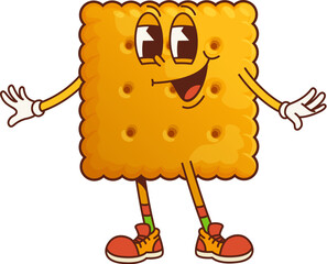 Funny groovy cookie and bakery character. Cartoon vector delightful square cracker retro baking food personage with expressive eyes, wearing sneakers and gloves, exudes a playful and friendly vibe