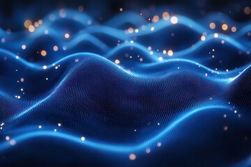 A blue background with a wireframe design displays an intricate pattern of lines.