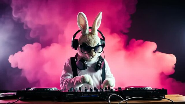 Rabbit-headed DJ mixing tracks at party with colorful lights
