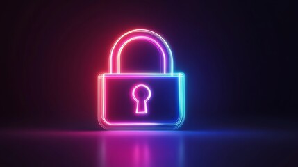 Glowing neon lock icon, vivid padlock outline. Protects personal data, ensures cyber security, and offers reliable storage solutions. Icon set, sign, pictogram. 
