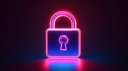 Glowing neon lock icon, vivid padlock outline. Protects personal data, ensures cyber security, and offers reliable storage solutions. Icon set, sign, pictogram. 