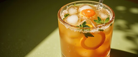 Two glasses of iced tea with mint leaves on top. A plate of lemons and limes