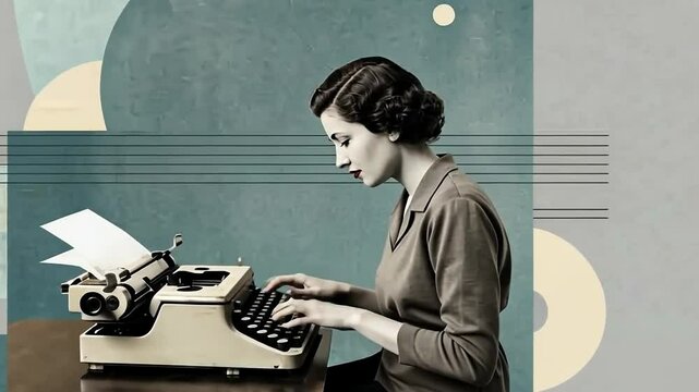 Vintage secretary typing on classic typewriter with abstract background