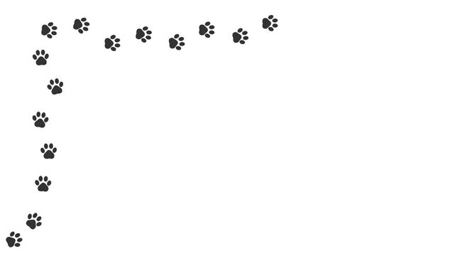 Animal paw prints. Cartoon comic funny paws along the path. Footprints walking animal on a trajectory of movement. Cat paw prints creating a rectangle frame, on a white background. Text space. 4K.  Vi