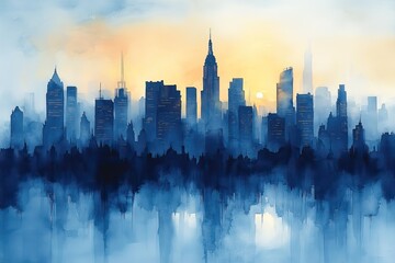 Obraz premium Abstract watercolor depiction of a cityscape in various shades of blue.