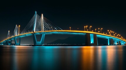Fototapeta premium A modern cable-stayed bridge illuminated at night with lights reflecting on the water.