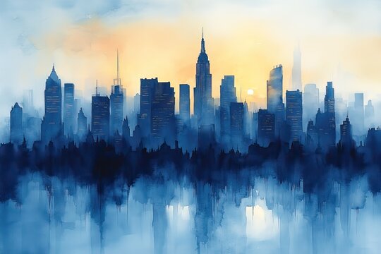 Abstract watercolor depiction of a cityscape in various shades of blue.