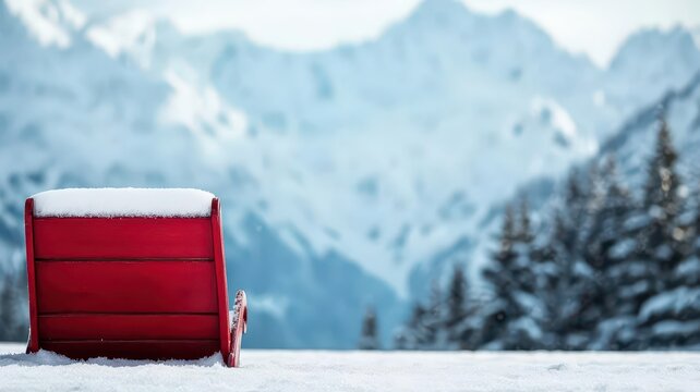 Red sleigh with snowy landscape background, Christmas scene in the mountains, winter holiday setting