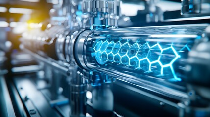 A pipe with a blue and yellow light shining on it. The pipe is made of glass and it is long