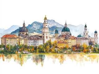 Obraz premium Scenic view of Austria, a historic European city with a bridge reflection