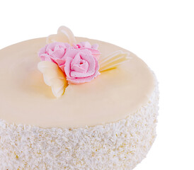 Delicious white chocolate birthday cake decorated with pink roses