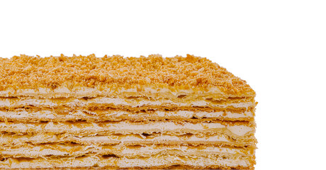 Delicious multi layered napoleon cake with crumb topping isolated on white background