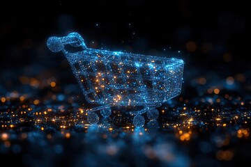 Digital hologram of a shopping cart icon in blue on an abstract dark blue background.