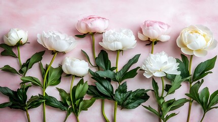 Fototapeta premium A beautiful arrangement of white and pink peonies on a soft pink background, perfect for wedding invitations, greeting cards, and other romantic designs