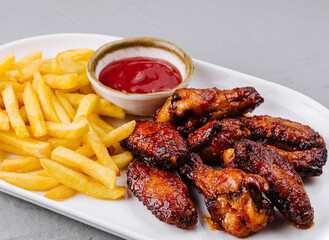 Crispy chicken wings and french fries with dipping sauce