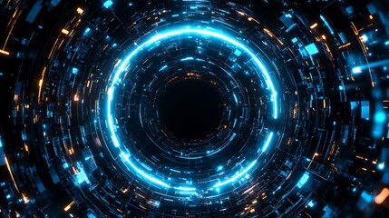 Obraz premium Futuristic Cyber Tunnel with Glowing Blue and Orange Lights for Sci Fi and Technology Backgrounds Light Gradient Background with Room for Typography