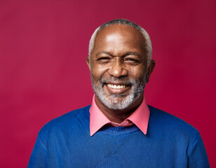 Headshot Portrait of a Smiling Mature Man with Contemporary Style, Isolated on Color Background with Ample Copy Space