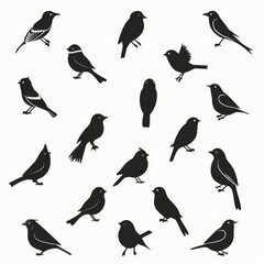 Obraz premium Bird icon set, black and white sparrow symbols, bird sign collection, wild animal pictograms on white