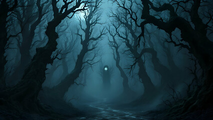 A dark, twisted forest at midnight, with gnarled, leafless trees reaching up like skeletal hands, thick fog swirling at ground level, and faint ghostly faces emerging from the mist.
