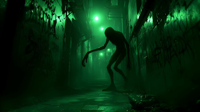 A desolate urban alleyway, bathed in a sickly green light, with walls covered in cryptic graffiti and a shadowy figure lurking just out of focus, its elongated limbs bending unnaturally.