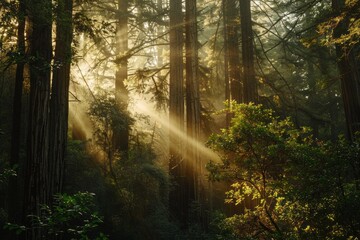 Fototapeta premium Sunlight Streaming Through a Forest Canopy. AI generative