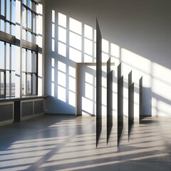 A spacious room featuring a vast window Sunlight casts a lengthy shadow onto the wall and floor