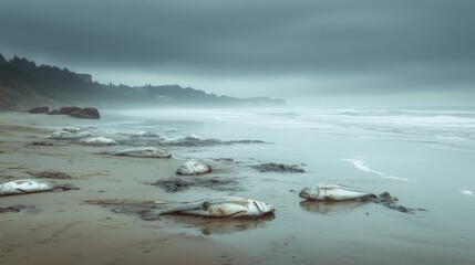 Obraz premium Dead Fish on Foggy Beach Shoreline Landscape