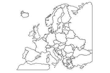 Continuous outline of a Europe map.world map outline, linear doodle illustration.sketch for coloring