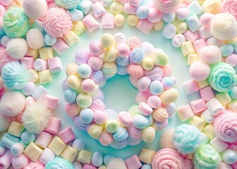Charming marshmallow clusters artfully arranged in soft light, showcasing their delicate textures and colors, exuding elegance and delight for a refined sweet treat design.