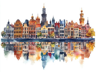 Obraz premium Belgium, Charming European town with spires and autumn reflections