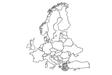 Blank Europe map contour silhouette vector illustration isolated on white background. European continent territory.world map outline, linear doodle illustration.
