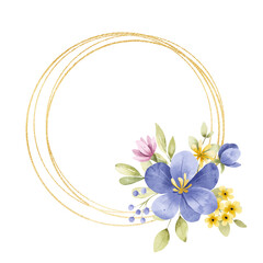 Flowers gold wreath. Watercolor hand painting floral golden border with place for text, with bouquet. Isolated on white background.