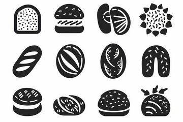 Bread loaves icon, bakery products set, flat minimal pastry collection, baked buns, baguettes symbols