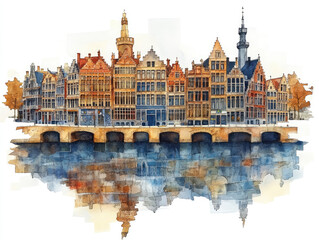 Obraz premium Belgium, Charming European town with spires and autumn reflections