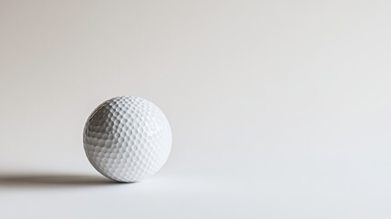 Golf ball sits alone on a white background. Isolated image with no other objects in the frame. Ball is perfectly round and white, with dimples covering its surface. Background is completely white