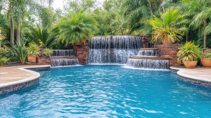 Serene Pool with Tropical Waterfall and Lush Greenery