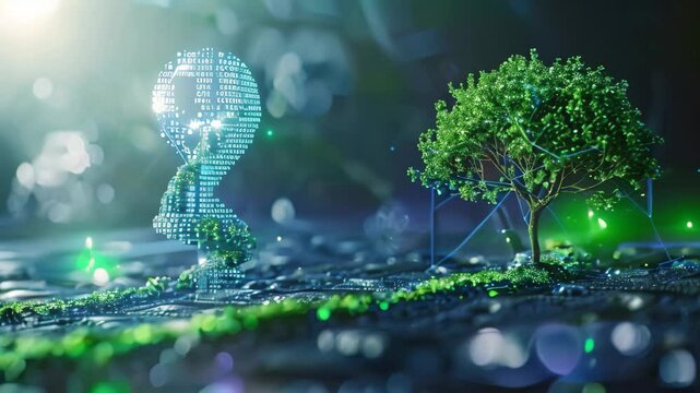 A tree formed from binary code grows on a digital landscape, symbolizing the concept of digital scarcity, Symbolize the concept of digital scarcity in a visually appealing way