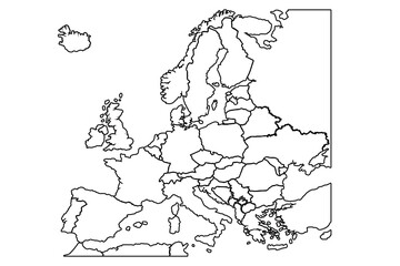 Vector Illustration of Outline Map of Europe in black.world map outline, linear doodle illustration.