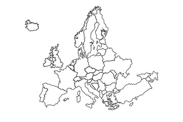 Vector Illustration of Outline Map of Europe in black.world map outline, linear doodle illustration.