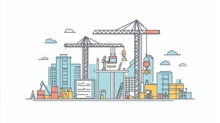 Obraz premium Illustrate the concept of under construction using flat line vector designs. Showcase the web page building process with a presentation template. Create visually appealing website banners