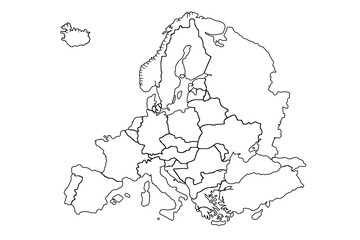 Europe map with countries outline for presentations, posters, infographics.world map outline, linear doodle illustration.