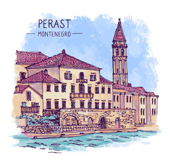 Vector architecture sketch illustration of Perast, Montenegro. An urban colorful landscape of Montenegro. Freehand digital drawing. Hand drawn travel postcard. Banner, postcard, poster. Pastel texture