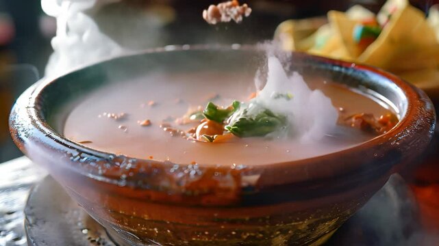 A close-up shot of a steaming bowl of menudo with a cilantro garnish, resting on a rustic wooden table, The comforting warmth of a steaming bowl of menudo