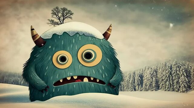 Adorable cartoon monster enjoying snowy landscape