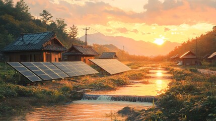 Fototapeta premium Solar farm panels placed on the river.