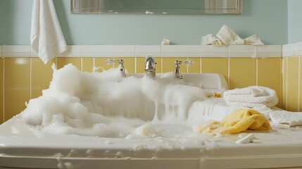 Overflowing bathtub with bubbles and towels nearby