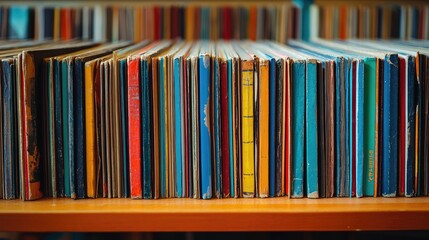 Rows of colorful books on a shelf. This photo depicts a library with a variety of books, perfect for concepts like knowledge, education, and reading.